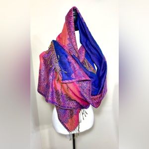 Shawl Scarf Pashmina Wrap Pattern Layered Reversible Woven  Stole - Royal Blue